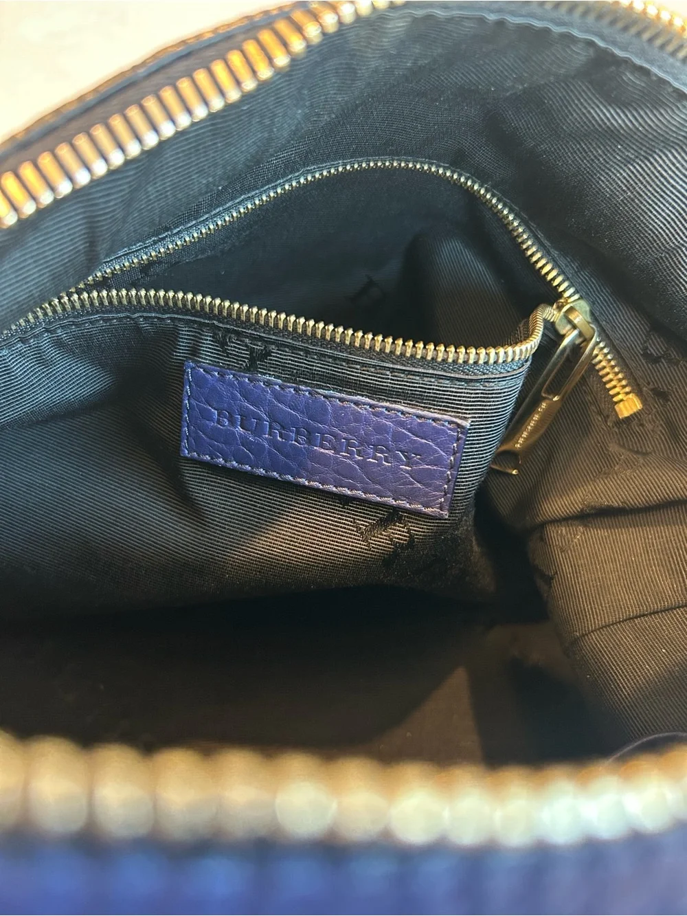 Burberry Cobalt Blue Pebbled Leather Shoulder Bag with Gold Hardware
